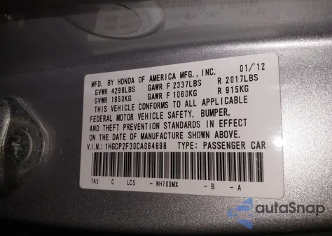 2012 Honda Accord 2.4 Lx z USA, uszkodzony, nr VIN 1HGCP2F30CA064898